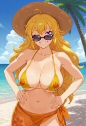 1girls ahoge ai_generated beach bikini female_only grin looking_at_viewer looking_over_eyewear ocean rwby sarong shiny_hair shiny_skin solo solo_female tagme yang_xiao_long