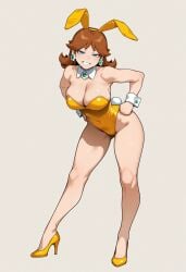 1girls ai_generated alternate_costume animal_ears bare_legs bare_shoulders bent_over blue_eyes bowtie breasts brooch brown_hair bunnysuit cleavage clothing covered_navel detached_collar earrings fake_animal_ears fake_tail female flipped_hair flower_earrings footwear full_body gem gold_footwear grey_background grin hairband hands_on_own_hips high_heels highleg highleg_leotard jewelry large_breasts leaning_forward legs leotard long_hair looking_at_viewer mario_(series) medium_hair parted_bangs playboy_bunny princess_daisy rabbit_ears rabbit_tail shoes simple_background smashai smile solo standing strapless strapless_leotard super_smash_bros. tail teeth thighs wrist_cuffs yellow_footwear yellow_leotard