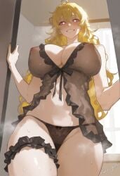 1girl ahoge ai_generated babydoll bare_shoulders black black_panties black_underwear blonde_hair blush bow bow_panties breasts bridal_garter cameltoe clevage clothing female fingernails grin groin hair_between_eyes heart-shaped_pupils huge_breasts indoors kizirugai large_breasts lingerie long_hair looking_at_viewer nail_polish navel nightgown nipples orange_nails pantsu purple_eyes rwby see-through smile solo standing steaming_body stomach sweat symbol-shaped_pupils teeth thigh_strap thighs underwear underwear_only wavy_hair yang_xiao_long