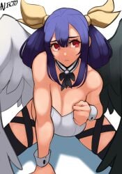 1girls alecto_0 angel_wings arm_support artist_name asymmetrical_wings bangs bare_shoulders black_bow blue_hair bow bowtie breasts choker cleavage collar dizzy_(guilty_gear) female guilty_gear guilty_gear_xrd hair_between_eyes hair_rings hand_on_own_chest highres large_breasts mature_female milf red_eyes shaded_face shadow simple_background skindentation solo thigh_strap thighhighs thighs twintails white_background wings wrist_cuffs