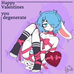 1:1 2023 anthro arms_tied avv_(probablyavv) blue_hair blush bodily_fluids bottomwear bound bow_ribbon box_of_chocolates bulge candy chocolate clothing dessert femboy floppy_ears food fur hair holidays lagomorph legwear leporid lop_ears love_letter male mammal panties pattern_bottomwear pattern_clothing pattern_panties pattern_underwear pinup pose probablyavv rabbit restrained ribbons shaded simple_shading solo striped_bottomwear striped_clothing striped_panties striped_underwear stripes struggling sweat thigh_highs underwear valentine's_day valentine's_day_card white_body white_fur