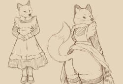 anthro apron big_butt butt canid canine clothed clothing clothing_lift dark_ears dipstick_tail dress dress_lift ear_markings facial_markings female footwear fox frilly frilly_apron frilly_clothing genitals hand_on_belly hands_together head_markings holemann legwear looking_back maid_uniform mammal markings mary_janes multiple_poses no_underwear pointy_ears pose presenting presenting_hindquarters prick_ears raised_tail rear_view shoes snout snout_markings solo standing tail tail_markings thigh_highs uniform vulva whiskers