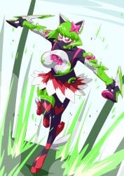 bodysuit breasts clothing covered_mouth face_mask genderswap green_hair kamen_rider kamen_rider_geats_(series) kamen_rider_tycoon otokam1117 rule_63 skirt tagme tokusatsu weapon