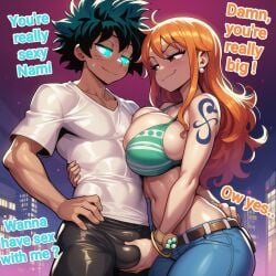 abs ai_generated astriad_(cocky69) biceps big_boobs big_breasts black_hair blue_eyes boobs bra breasts breasts_against_chest brown_eyes bulge bulge_grab bulge_through_clothing bulge_under_clothes cocky69 comic_page english_text female fit fit_body fit_male hi_res male male/female nami_(one_piece) one_piece orange_hair pants pecs sexy sexy_body sexy_female shirt shorts text