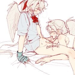 2girls angel_wings bow bowtie chiyo_(love-bullet) cunnilingus cupid gloves kanna_(love-bullet) kiyu_(lowwo_sulul) love-bullet multiple_girls non-web_source oral red_bow red_bowtie simple_background wings yuri