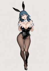 1girls ai_generated alternate_costume animal_ears ass_visible_through_thighs bare_shoulders black_footwear black_leotard blue_eyes blue_hair blush breasts brown_pantyhose bunnysuit byleth byleth_(female) byleth_(female)_(fire_emblem) byleth_(fire_emblem) cleavage clothing covered_navel detached_collar fake_animal_ears female fire_emblem fire_emblem:_fuukasetsugetsu fire_emblem:_three_houses full_body grey_background hair_between_eyes hands_on_own_chest high_heels highleg highleg_leotard large_breasts leotard long_hair looking_at_viewer medium_hair open_mouth pantyhose playboy_bunny rabbit_ears shoes simple_background smashai solo standing strapless strapless_leotard super_smash_bros. thighs wrist_cuffs