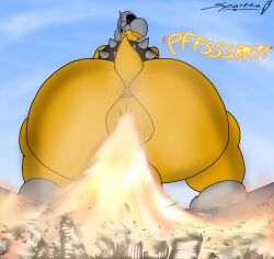 anthro armor balls big_butt butt clothed clothing digital_media_(artwork) fart fart_fetish fire fire_fart genitals headgear helmet hi_res koopa koopa_troopa koopatrol male mammal mario_bros nintendo paper_mario reptile scalie shell solo spikes tail text turtle