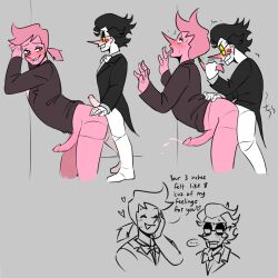 <3 ... 2boys addison_(deltarune) against_wall ahe_gao anal anal_sex biting_lip black_hair blush bottomless bowtie color colored colored_cum cum dane.elle deltarune deltarune_chapter_2 dialogue digital_media_(artwork) duo english_text eyes_closed eyes_rolling_back formal formal_wear gay glasses grey_background grey_eyes hair hair_pull half-closed_eyes hi_res highres looking_at_another male male/male orgasm pink_addison_(deltarune) pink_hair pink_skin ponytail sex short_hair simple_background size_difference smile spamton_g_spamton speech_bubble sweat tied_hair tongue tongue_out tuxedo undertale_(series) white_body yaoi