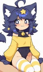 1boy1girl 1girls :3 ai_generated blue_eyes blue_hair cat_ears cat_tail catgirl leotard long_sleeves off_shoulder penis penis_between_thighs sitting_on_lap sitting_on_person superiormari tail thigh_highs thigh_sex thighhighs thighs