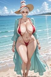 1girls ai_art ai_generated anklet areola_slip ayase_seiko beach blue_sky bracelet braided_hair dandadan earrings female gilf high_heels hoop_earrings horizon hourglass_figure huge_breasts jewelry looking_over_eyewear looking_over_sunglasses mature_female milf necklace ocean red_nails seiko_ayase slingshot_swimsuit solo sun_hat sunglasses swimsuit_cover-up taller_female tinted_eyewear updo white_hair wide_hips