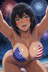 1girls 4th_of_july ai_generated american american_female american_flag_bikini beach bikini black_hair female female_focus fireworks fourth_of_july green_eyes looking_at_viewer night nighttime original_character tagme wet wet_body wet_female