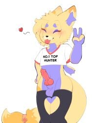 3:4 animal_genitalia animal_penis anthro balls bluchy bluchyccheese blush canid canine clothed clothing crop_top erection eyes_closed femboy fox fur genitals gesture hand_gesture hand_on_hip heart_symbol hi_res latex latex_clothing latex_legwear latex_stockings legwear male mammal penis sheath shirt simple_background smile solo stockings tail text tight_clothing tongue tongue_out topwear v_sign yellow_body yellow_fur