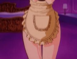 1992 1girls 90s animated animated_gif apron apron_pocket arms_up bed blush brown_hair embarrassed female lamp lipstick long_hair lowres maid_headdress naked_apron nude prostitution pussy_juice serving serving_tray waitress wide_hips youjuu_sensen_adventure_kid