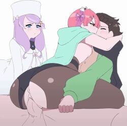 1boy 1boy1girl 1girls 2girls anastasia_hoshin animated black_hair black_legwear blue_eyes brown_eyes cuckquean female gif kissing kissing_while_penetrated long_hair male natsuki_subaru penetration penis penis_in_pussy pink_eyes pink_hair purple_hair pussy ram_(re:zero) re:zero_kara_hajimeru_isekai_seikatsu rikkachan_1117 ripped_pants ripped_pantyhose visible_breath visible_nipples