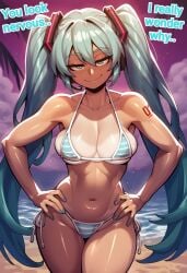 ai_generated big_boobs big_breasts bikini blue_eyes blue_hair boobs breasts cocky69 comic_page english_text female female_only hatsune_miku hi_res sexy sexy_body sexy_female text thick_thighs