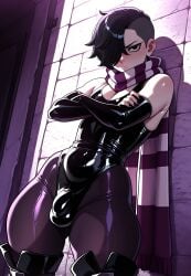 1boy ai_generated androgynous black_eyes black_hair brawl_stars bulge bulge_through_clothing bulge_under_clothes edgar_(brawl_stars) elbow_gloves femboy feminine_male feminized_male flat_chest front_view hair_over_one_eye leaning_against_wall leotard male male_only mrnails nail_polish painted_nails pantyhose scarf short_hair simple_background solo thigh_boots tight_clothing