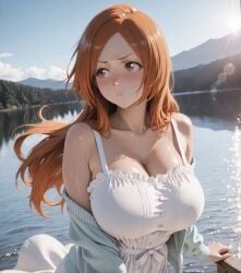 1girl 2d ai_generated anime_style beautiful bleach blush breasts_bigger_than_head curvy curvy_figure detailed_eyes detailed_face high_quality huge_breasts large_ass large_breasts long_hair looking_at_viewer seductive_smile shiny_skin solo thick_thighs wide_hips
