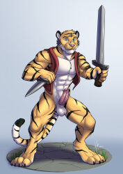 2021 animal_genitalia anthro balls blue_eyes cheek_tuft claws clothed clothing dated erection facial_markings facial_tuft felid front_view fur genitals glistening glistening_eyes grey_background head_markings head_tuft hi_res holding_knife holding_melee_weapon holding_object holding_sword holding_weapon hufnaar knife male male_anthro mammal markings melee_weapon muscular muscular_anthro muscular_male open_clothing open_topwear open_vest pantherine penile_spines penis pink_nose red_clothing red_penis red_topwear red_vest sheath simple_background solo standing striped_arms striped_body striped_face striped_fur striped_legs stripes sword tiger toe_claws topwear tuft vest weapon whiskers white_balls white_body white_fur white_sheath yellow_body yellow_fur