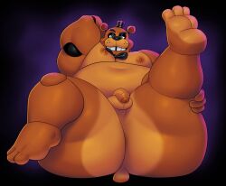 2026 3_toes absurd_res animatronic anthro anus balls barely_visible_anus bear belly big_butt black_bow_tie black_clothing black_eyebrows black_hat black_headwear blue_eyes bow_tie brown_body brown_fur butt clothing digital_drawing_(artwork) digital_media_(artwork) english_description eyebrows feet five_nights_at_freddy's flaccid foreskin freddy_(fnaf) fur genitals half-closed_eyes hand_behind_head hat headgear headwear hi_res humanoid_genitalia humanoid_penis koenics machine male mammal narrowed_eyes navel nipples one_leg_up overweight overweight_anthro overweight_male partially_retracted_foreskin penis raised_leg robot scottgames small_tail smile soles solo tail thick_thighs toes top_hat whisker_spots