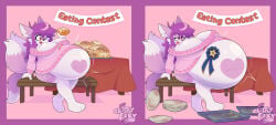 1female anthro big_belly breast_expansion breasts_bigger_than_head cinnamon_roll eating eating_contest empty_plates female female_pred first_place food fox fox_ears fox_girl fox_tail furry furry_female furry_only ghostlyfoxy heart_symbol kitsune multiple_tails no_pants oc pantsless pink_body pink_fur pink_skin pink_skinned_female purple_hair purple_hair_female red_eyes ribbon sequence stuffed_belly weight_gain