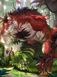 alpha_channel anthro bara black_hair canid canine canis chest_hair cock cum_inside erection furry furry_only gay lee lying_on_back male male/male male_only mammal muscles muscular_male nipple_piercing nipples nude red_body red_eyes red_fur scar scar_on_face tatto werewolf wolf