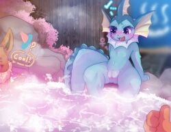 absurd_res ambiguous_gender anthro blue_body blush bodily_fluids breasts brown_body canid cloud digital_media_(artwork) eevee eeveelution featureless_breasts female fu_kawa fur gender_confusion generation_1_pokemon genitals group hi_res hot_spring innie_vulva mammal nintendo nude onsen open_mouth outside partially_submerged penis plump_labia pokemon pokemon_(species) presenting presenting_vulva rock simple_background smile spread_legs spreading tail text trio vaporeon vulva water