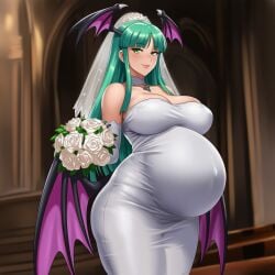 ai_generated bride bride_veil capcom darkstalkers demon demon_girl demon_wings dress green_hair green_hair_female lazybonesai morrigan_aensland pregnant pregnant_belly pregnant_bride pregnant_female succubus wedding wedding_dress