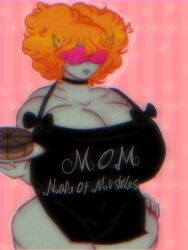 1girls afro apron_only big_lips electric_slide_(pvz) gray_skin huge_ass huge_breasts muscular_female orange_hair pink_background pink_nails plants_vs_zombies plants_vs_zombies:_battle_for_neighborville purple_glasses solo_female solo_focus voluptuous_female zombie zombie_(pvz) zombie_girl
