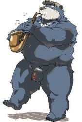 2026 5_fingers 5_toes absurd_res anthro bear belly big_belly biped black_nose eyes_closed feet fingers flaccid genitals hi_res humanoid_genitalia humanoid_hands humanoid_penis kemono kisukemk777 male mammal musical_instrument musical_note musical_symbol navel overweight overweight_male penis pubes saxophone simple_background solo standing symbol toes white_background wind_instrument woodwind_instrument