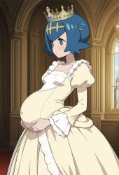 aged_up ai_generated blue_eyes blue_hair lana_(pokemon) pokemon pokemon_sm pregnant pregnant_belly pregnant_female queen solo solo_female solo_focus trial_captain trial_captain_lana yellow_dress