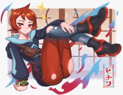 1girls arezu_(pokemon) ass blush gradient_legwear lokigun long_sleeves poke_ball pokemon pokemon_legends:_arceus red_eyes red_hair torn_clothes watermark