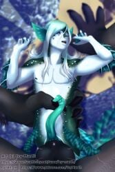 aquatic black_body blue_eyes dragon feral genitals green_body green_fins hi_res icy-marth knot male male/male merfolk mermay mythological_creature mythological_scalie mythology penis scalie size_difference split_form uzumati_(daedalus_darkblade) white_body