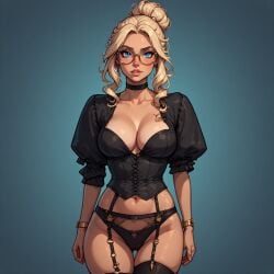 ai_generated blonde_hair blushing corset garter_straps glasses puffy_sleeves stockings