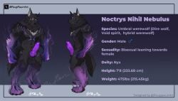 animal_genitalia anthro blue_eyes canid canine canine_genitalia canis character_name dark_body dark_fur dire_wolf english_text fur genitals grey_body heterochromia hybrid knot knotted_penis male mammal model_sheet mythological_canine mythological_creature mythology penis prehistoric_species purple_body pwuppwurrart shadow shadow_creature solo stated_bisexuality stated_gender stated_height stated_sexuality stated_weight text void_wolf werecanid werecanine werecreature werewolf wolf yellow_eyes