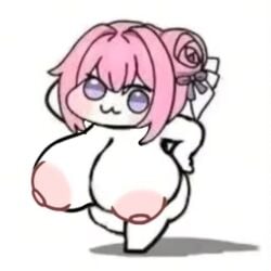 1girls :3 ass big_ass big_breasts breasts chibi chibi_only chibi_style doro_(nikke) dorothy_(nikke) erotic_chibi female funny goddess_of_victory:_nikke hand_on_head hand_on_hip huge_ass huge_breasts meme pink_hair purple_eyes solo source_request what