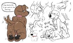 anal anthro anus ball_lick balls banannerpup blush bodily_fluids brian_griffin brown_body brown_fur butt canid canine canis collar cum cum_on_butt dialogue domestic_dog duo english_text family_guy fan_character fur genital_fluids genitals hi_res knotting licking male male/male mammal oral pawpads paws penis plap_(sound) presenting profanity sex tail tail_motion tailwag text tongue