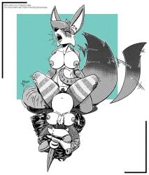 artificial_arm ball_gag bdsm bondage bound canid canine chastity_cage chastity_device clothing cowgirl_position eyewear fennec_fox fox from_front_position gag glasses greyscale hair halftone horn horned_rat legwear long_hair long_tail mammal masterzoroark666 monochrome murid murine on_bottom on_top prosthetic prosthetic_arm prosthetic_limb rat rodent sex stripes tail tail_motion tailwag tape tape_bondage tape_mittens text thigh_highs trans_(lore) trans_woman_(lore) true_fox url