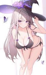 1girls bare_shoulders bra breasts butterfly cleavage female female_focus female_only grey_hair herta_(honkai:_star_rail) honkai:_star_rail large_breasts leaning leaning_forward long_hair looking_at_viewer origami0703 panties purple_eyes smile standing thighs underwear witch_hat wizard_hat