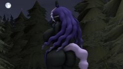 16:9 2021 3d_(artwork) anthro ass black_body black_skin breasts closed_eyes digital_media_(artwork) dnrud12 featureless_breasts female fur hair hand_on_hip hi_res legendary_pokémon looking_back moon nintendo no_nipples nude plant pokémon_(species) pokémorph pokemon pose purple_body purple_fur purple_hair solo source_filmmaker spectrier standing tree video_games wide_hips widescreen