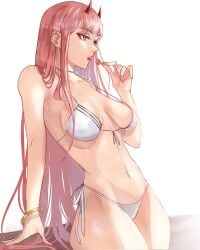 2d 2d_(artwork) bangs belly_button bikini bikini_bottom bikini_top cleavage cleavage_cutout darling_in_the_franxx fat_ass green_eyes horns hourglass_figure hourglass_figured_female leaning_back lollypop long_hair pink_hair shiszukaa sideview slim_waist tagme thick_thighs three-quarter_view wet wet_body wet_skin wide_hips zero_two_(darling_in_the_franxx)