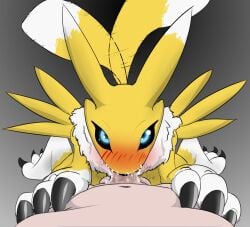 absurd_res ambiguous_gender anthro balls bandai_namco blush blush_lines bodily_fluids claws cum digimon digimon_(species) duo ears_up fellatio first_person_view fluffy genital_fluids genitals glowing glowing_eyes hi_res human kneeling_oral_position looking_at_viewer looking_up_at_partner male mammal messy niannn offscreen_male onomatopoeia oral paws penile penis precum renamon saliva sex sound_effects story story_in_description tail tail_motion tailwag text wet wet_penis