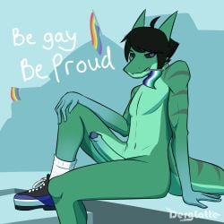 1:1 anthro clothing derglatte erection exhibitionism footwear footwear_only foreskin genitals hi_res horn hyoutaru_(character) lgbt_pride lizard looking_at_viewer male mostly_nude muscular nude outside penis pride_colors public public_nudity reptile scalie sitting slim solo stripes