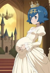 aged_up ai_generated blue_eyes blue_hair lana_(pokemon) pokemon pokemon_sm pregnant pregnant_belly pregnant_female queen solo solo_female solo_focus trial_captain trial_captain_lana yellow_dress