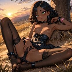 ai_generated beautiful beautiful_girl brown_skin corset cute cute_face dark-skinned_female dark_skin ebony_female exibitionism goth goth_girl green_eyes legs_apart outdoors outside panties petite petite_body petite_female small_breasts stockings