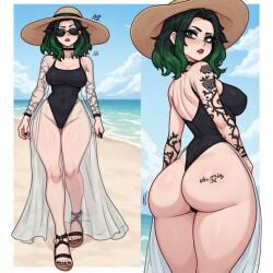 1girls ai_generated all_fours arched beach beach_background big_ass big_breasts big_butt breasts bubble_ass cleavage eye_contact fat_ass female feminine gothic green_eyes green_hair green_hair_female hat hourglass_figure japanese_female kyokalovesxo lace leotard light-skinned_female makeup original_character petite poker_face pout pov red_lipstick round_ass round_butt slim swimsuit swimwear tattooed_arm tattoos thigh_strap water wedgie wedgied_female