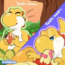 1:1 anthro bodily_fluids bowser dinosaur drooling duo eating erection fellatio food fruit gay genitals male male/male mario_(series) nintendo nulldino oral penile penis plant prehistoric_species pubes reptile saliva scalie sex tongue two_toned_body yellow_yoshi yoshi