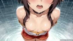 1girl ai_generated amoraart arms_behind_back artist_name bare_shoulders black_choker blush breasts brown_hair choker collar collarbone downblouse from_above head_out_of_frame kono_subarashii_sekai_ni_shukufuku_wo! megumin nipples no_bra off_shoulder open_mouth outdoors rain red_shorts shirt short_hair_with_long_locks shorts sidelocks small_breasts solo teeth upper_teeth_only water wet wet_clothes wet_hair wet_shirt white_shirt