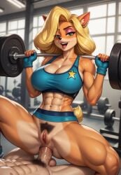 ai_generated anal anal_penetration anal_sex anthro anthro_female anthro_penetrated athletic athletic_female bandicoot bandicoot_girl barbell crash_(series) deergirlfit excessive_pubic_hair female_pubic_hair furry furry_female gym hairy hairy_pussy human_on_anthro lifting_weights muscles muscular muscular_female pubic_hair sports_bra squatting tawna_bandicoot toned toned_body toned_female working_out