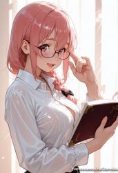 1girl adjusting_eyewear ai_generated bangs blush book bow braid breasts collared_shirt glasses hair_bow holding holding_book kanojo_okarishimasu kermixx long_hair long_sleeves looking_at_viewer open_mouth pink_eyes pink_hair sakurasawa_sumi shirt single_braid smile solo upper_body white_shirt