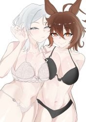 2girls agnes_tachyon_(umamusume) blue_eyes cowboy_shot faust_(limbus_company) light-skinned_female light_skin limbus_company project_moon simple_background umamusume underwear white_background white_hair